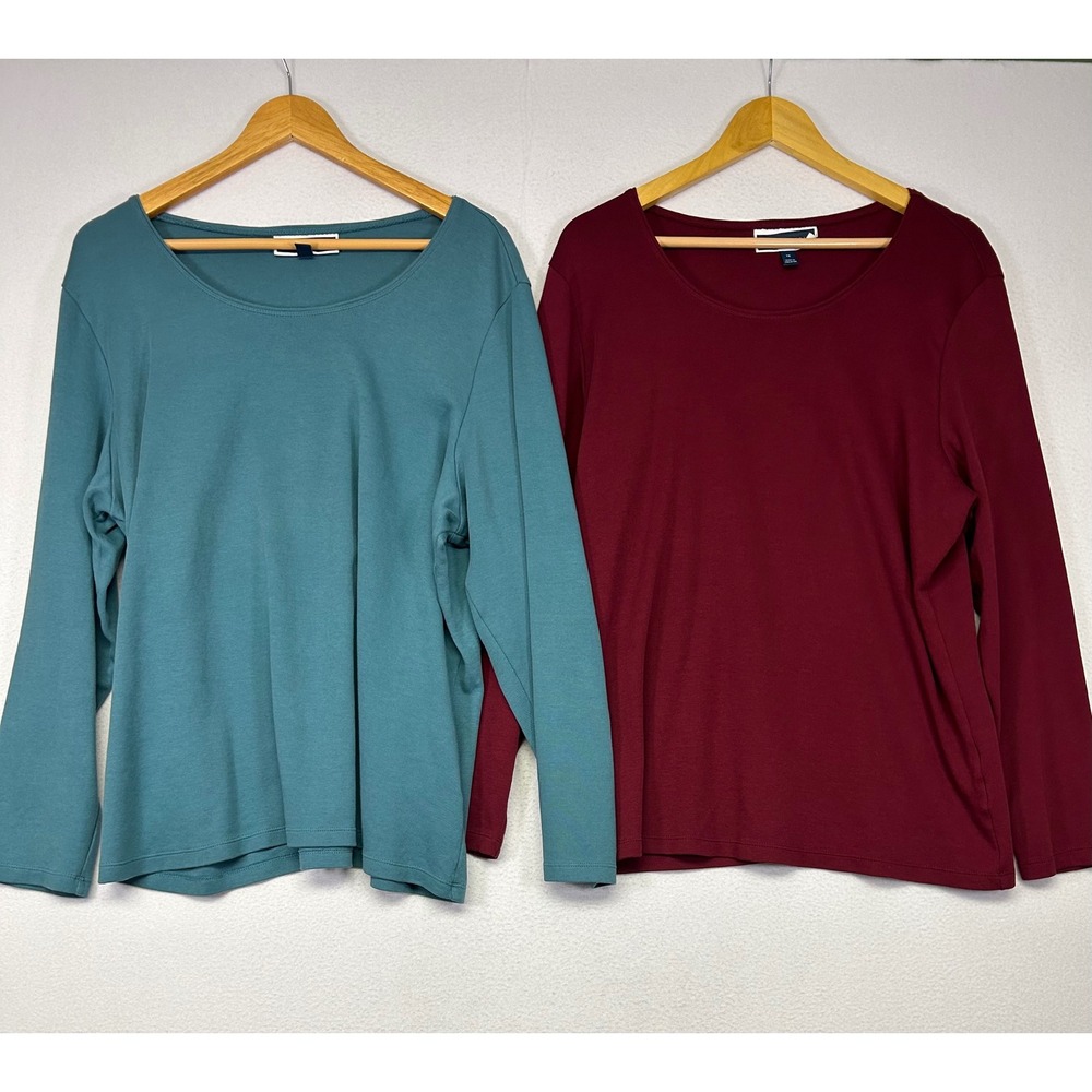 Classic Minimalist Karen Scott Women 1X Teal Burgundy Long Sleeve Scoop Neck Top
